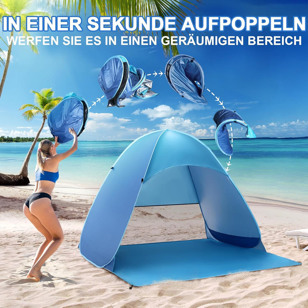 COVACURE Strandmuschel Pop Up XXL Strandzelt für 3–4 Personen, mit UV-Schutz UPF 50+ Ideal für Stran