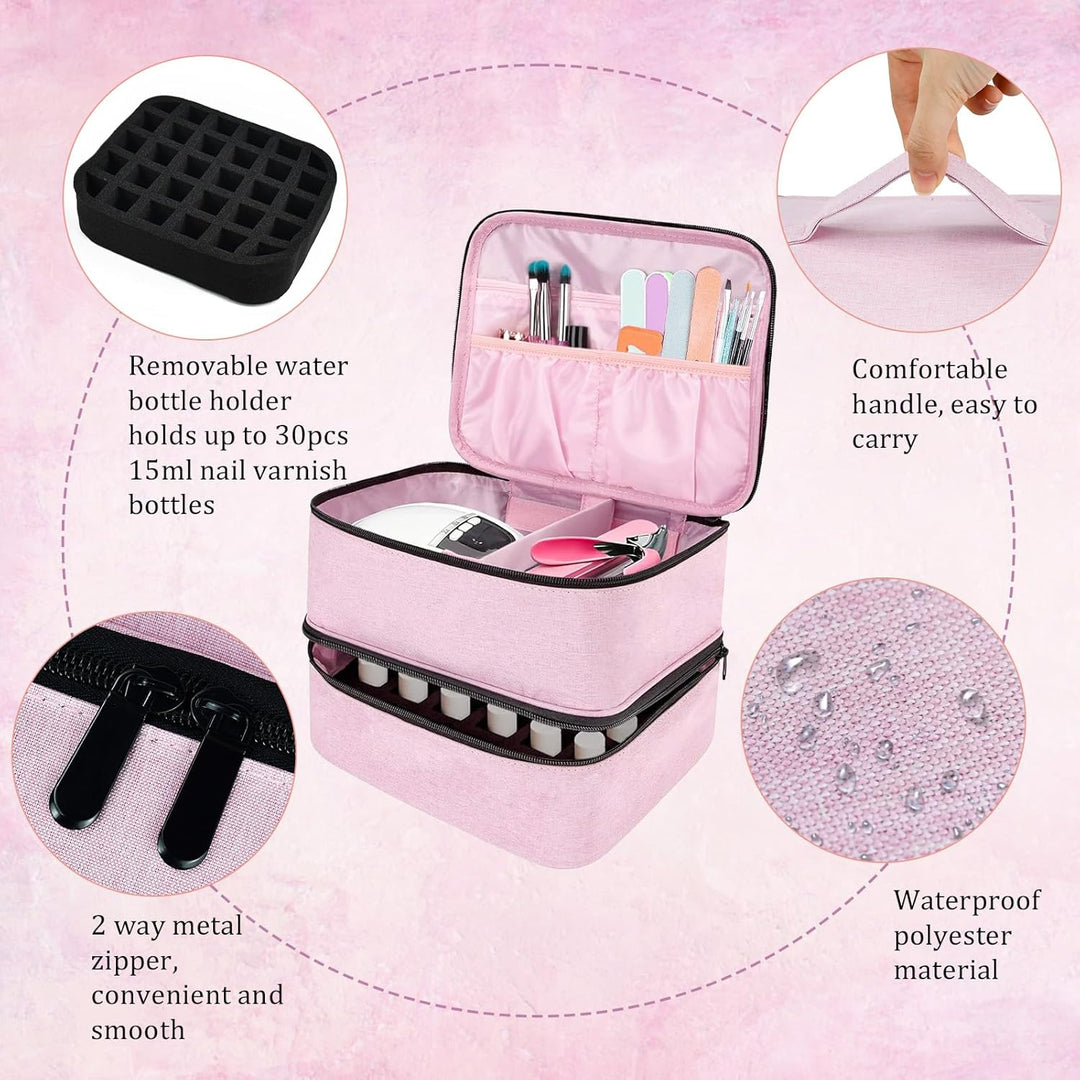 ADERTOS Nagellack Aufbewahrung Tasche Doppelschicht Rosa Nylon Kosmetiktasche Make Up Organizer für
