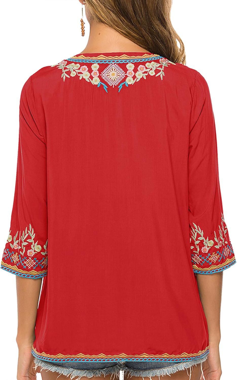 Hippie Kleidung Damen Bohemian Folklore Stickerei Bluse 3/4 äRmel V Ausschnitt Tunika Sommer LäSsige