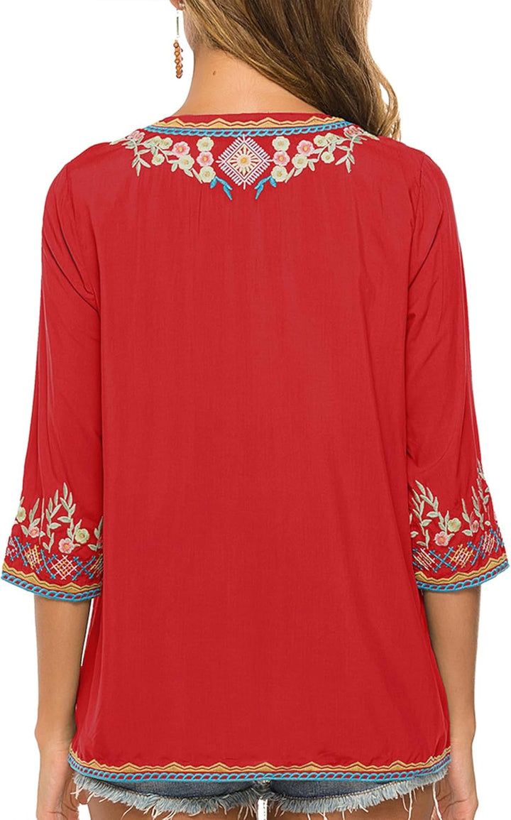 Hippie Kleidung Damen Bohemian Folklore Stickerei Bluse 3/4 äRmel V Ausschnitt Tunika Sommer LäSsige