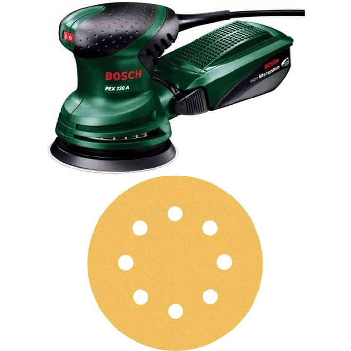 Bosch Exzenterschleifer PEX 220 A (im Karton) + 6x Schleifpapier-Sets Expert C470 mit 8 Löchern (für
