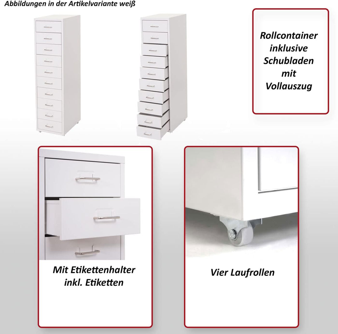 Mendler Rollcontainer Boston T851, Schubladenschrank Stahlschrank, 110x28x41cm 10 Schubladen - weiss
