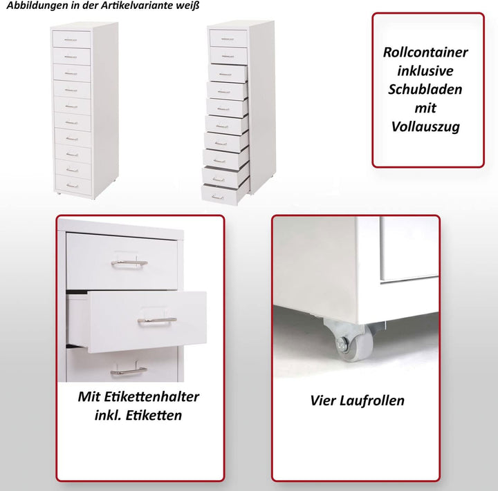 Mendler Rollcontainer Boston T851, Schubladenschrank Stahlschrank, 110x28x41cm 10 Schubladen - weiss
