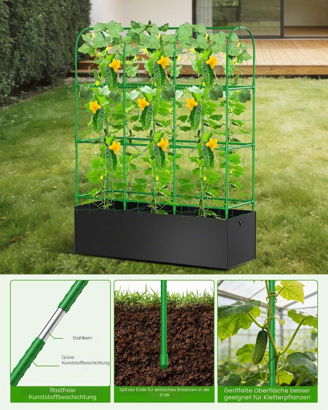 Gurken Rankhilfe 127 x 162cm mit Pflanztasche, 2-in-1 Rankhilfe für Gurken &amp; Tomaten, Höhenverstellb