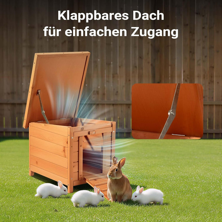 Wiltec Katzenhaus 420 x 515 x 430 mm aus Fichtenholz, Kleintierhaus Kaninchenstall mit Dach aufklapp