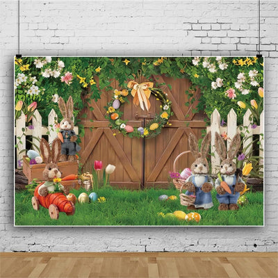 Renaiss 3x2.5m Frühling Ostern Hintergrund für Fotografie Holz Tür Gras Blumen Ostereier Hase Hinter