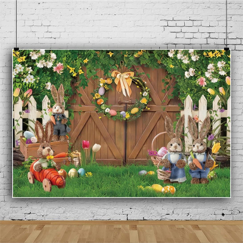 Renaiss 3x2.5m Frühling Ostern Hintergrund für Fotografie Holz Tür Gras Blumen Ostereier Hase Hinter