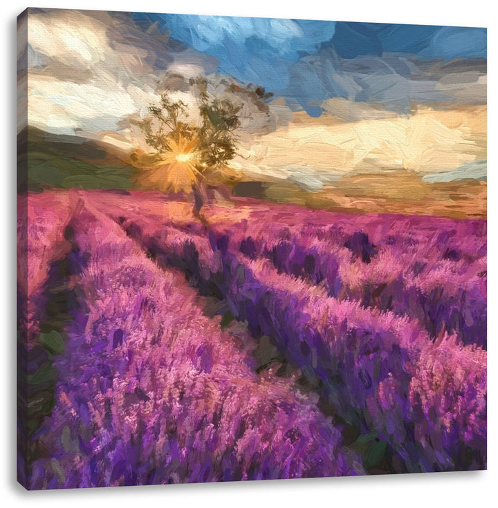 Pixxprint Zartes Lavendelfeld mit einsamen Baum, Format: 70x70 auf Leinwand, 70x70