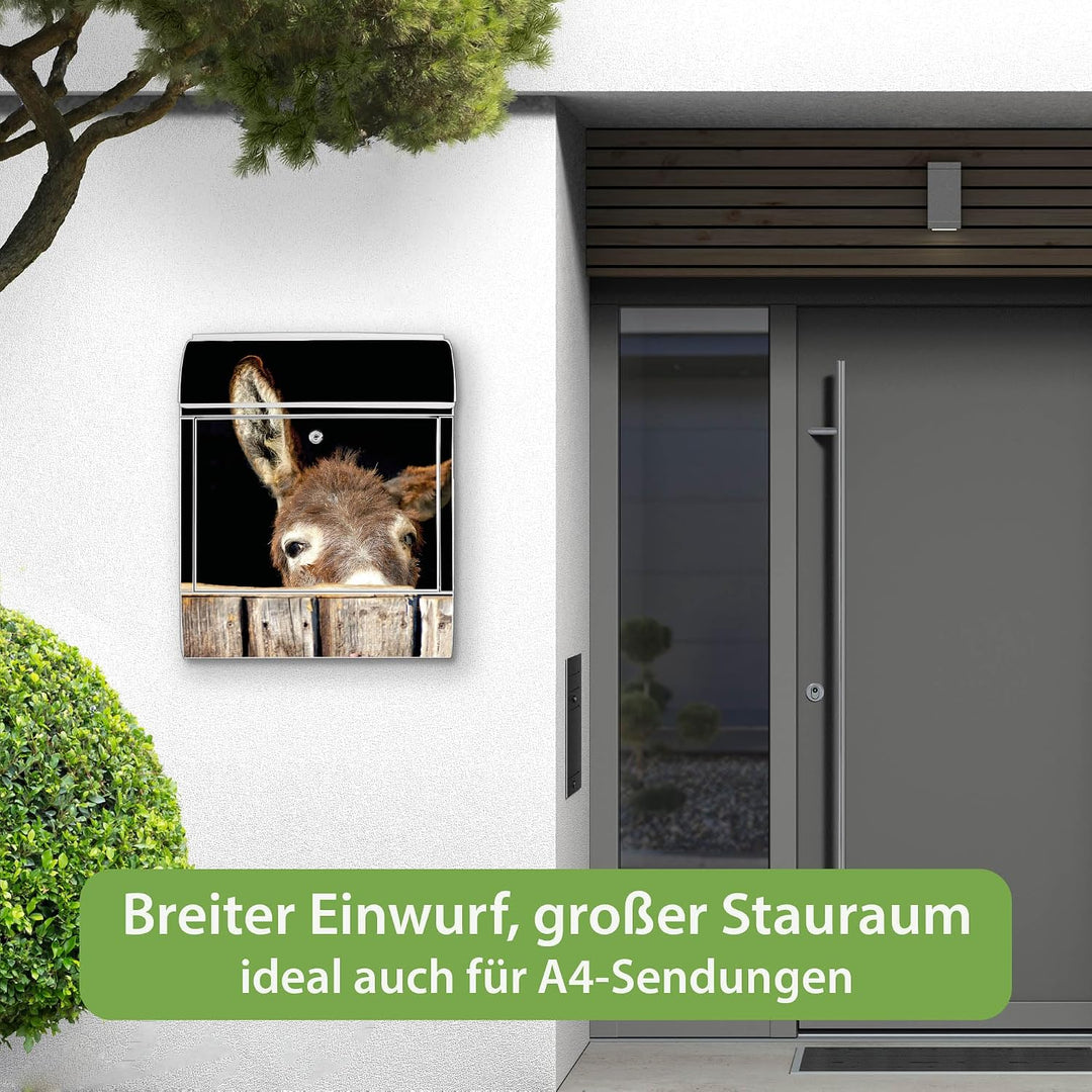 banjado® Design Briefkasten mit Motiv Esel 39x47x14cm &amp; 2 Schlüssel - Briefkasten Stahl weiss mit Ze