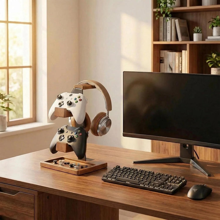 Acidea Massivholz-Controller-Halter und Headset-Ständer, Dual-Gaming-Controller-Ständer, Spielausrüs