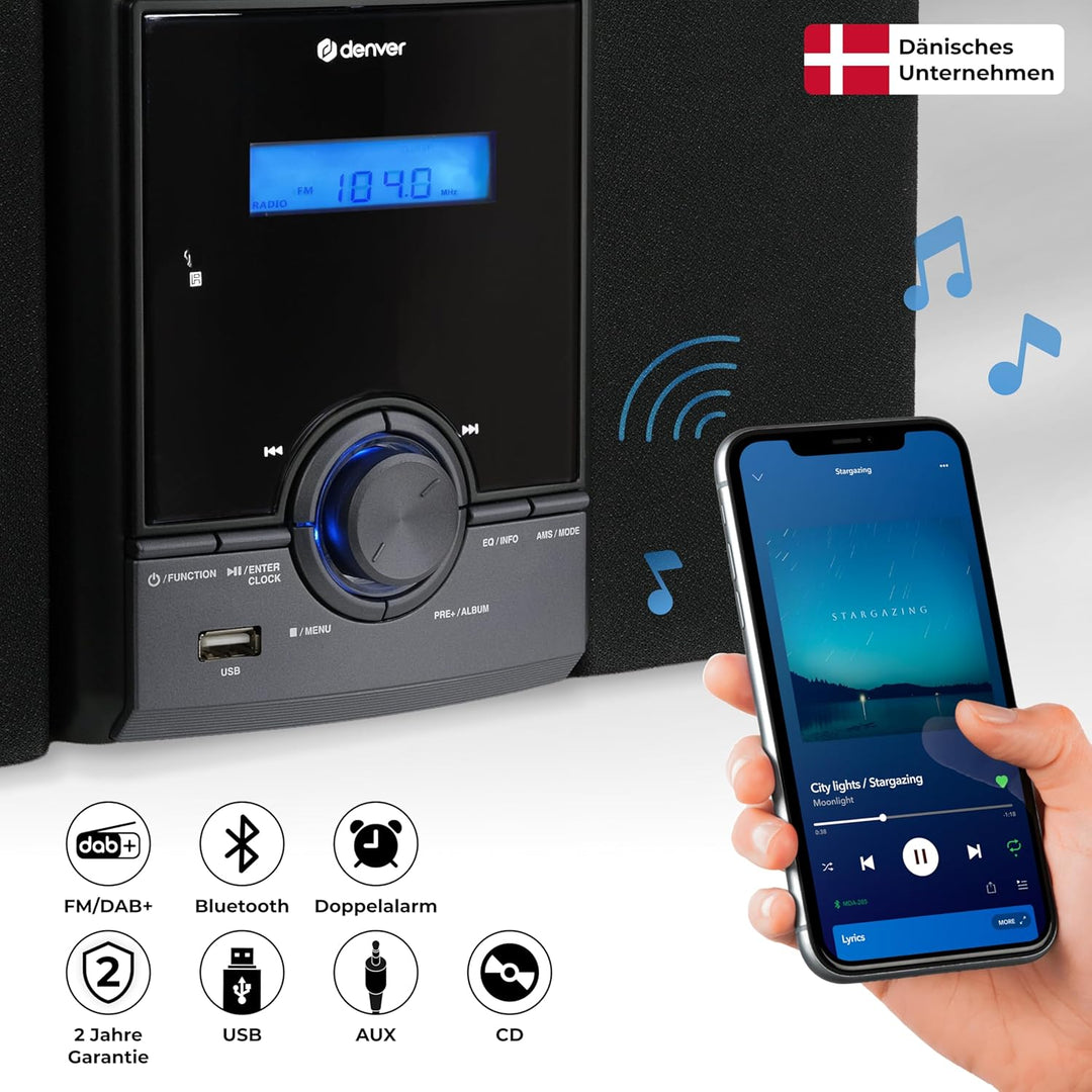 Denver MDA-285 Musiksystem – DAB+ & FM Radio mit Plattenspieler, CD-Player, Bluetooth & AUX, Echthol