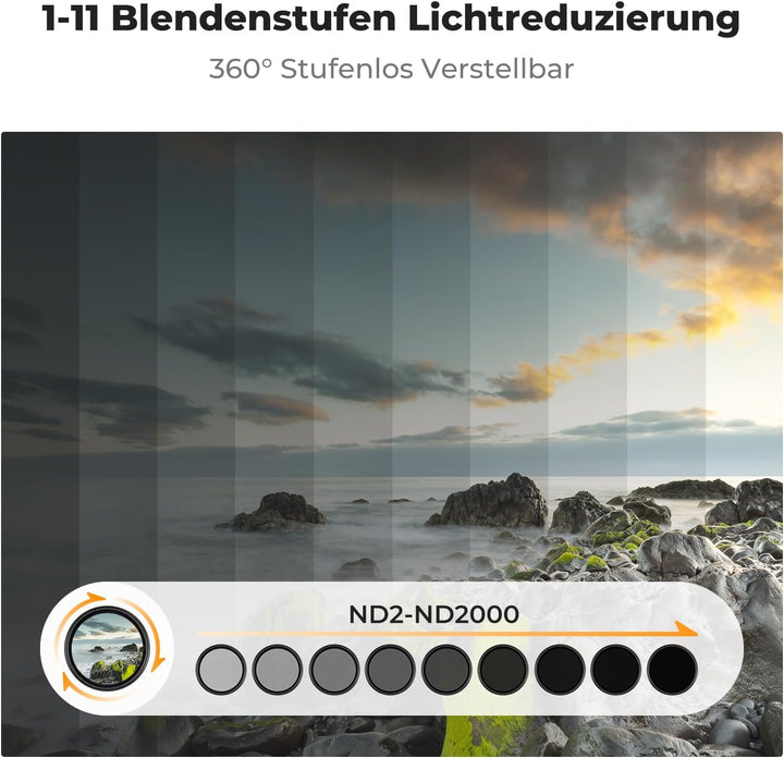 K&F Concept Nano K-Serie ND Filter 82mm Variabler Graufilter ND2-ND2000 (1-11 Blendenstufen), 82mm