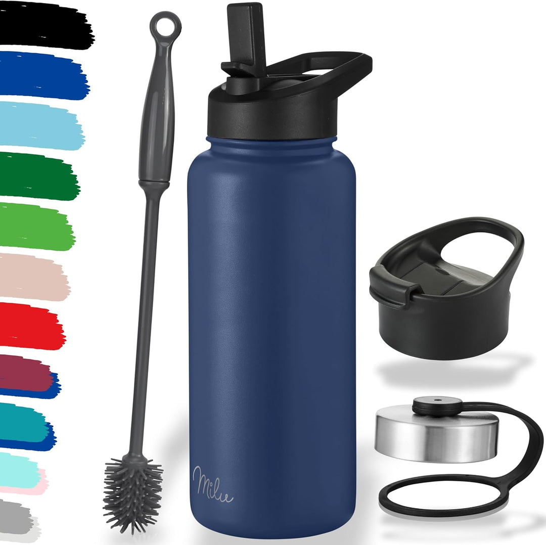 Milu Edelstahl Trinkflasche 500ml 750ml 1000ml (+3 Deckel) - Thermosflasche mit Strohhalm, Isolierte