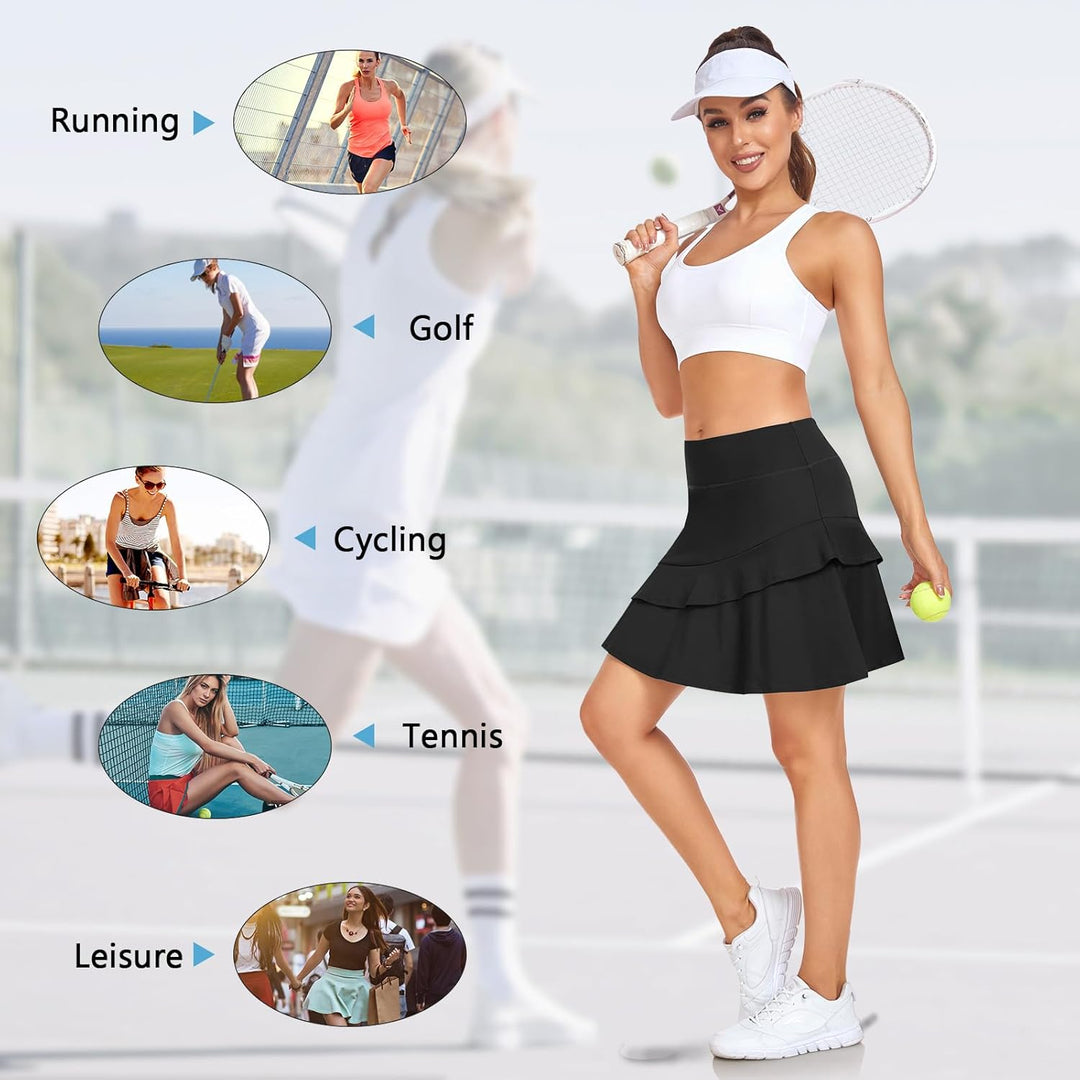 Soneven Hosenrock Damen Knielang Tennis Rock mit Hose Drunter Mädchen Pleated Wanderrock Sommer Spo