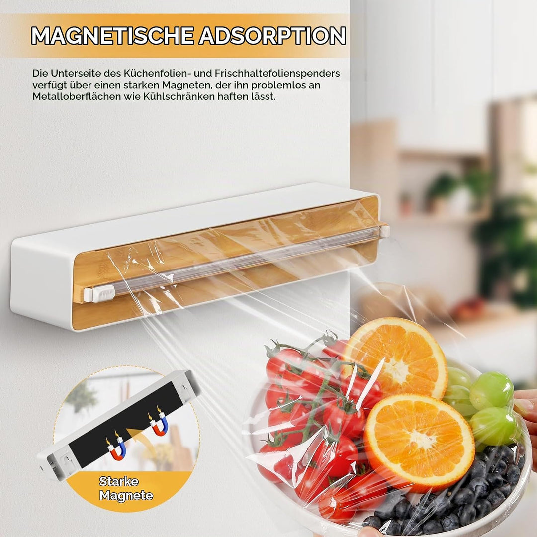 Frischhaltefolienspender mit Cutter - Magnetisch &amp; Klebe, ohne Bohren, Folienschneider für Frischhal