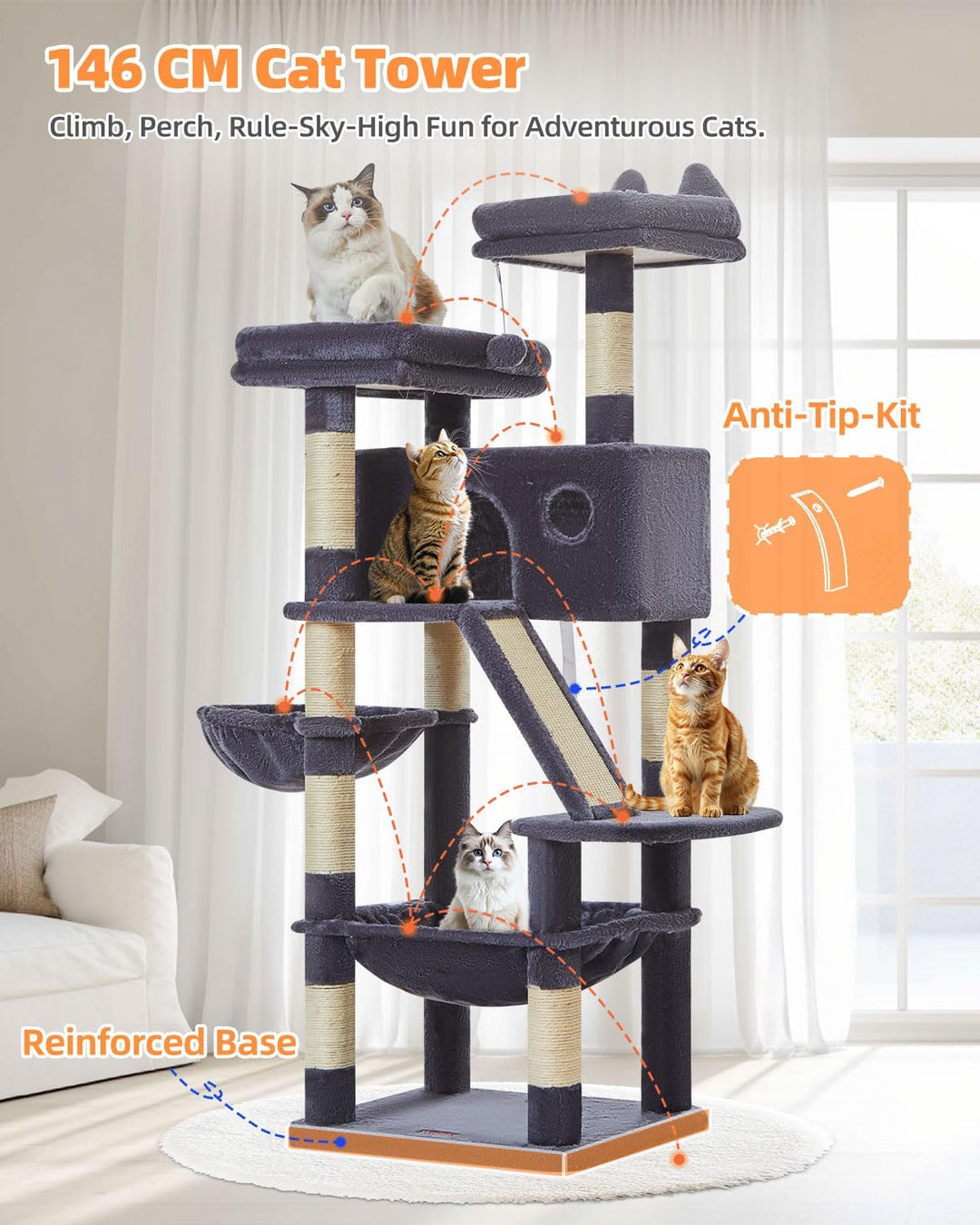 Taoqimiao 146CM Kratzbaum Gross, Katzenbaum Katzen Kratzbaum Grosse Katzen Stabil mit 2 Katzenhaus,