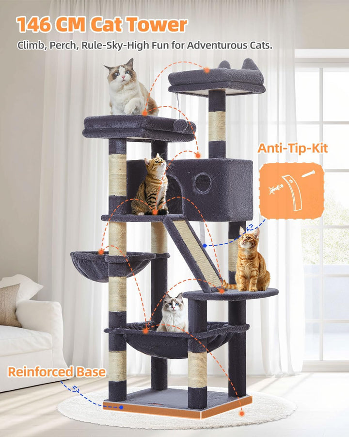 Taoqimiao 146CM Kratzbaum Gross, Katzenbaum Katzen Kratzbaum Grosse Katzen Stabil mit 2 Katzenhaus,