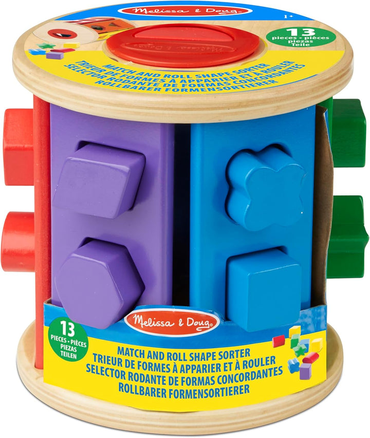 Melissa & Doug 19041 Rollbarer Formensortierer aus Holz (14 Teile) Match & Roll Shape Sorter, Match