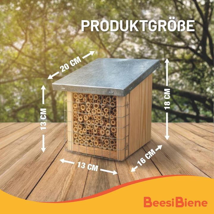 BEESI Bienenhotel mit Metalldach &amp; Schutzgitter - Langlebiges Insektenhaus für Solitärbienen - Natür