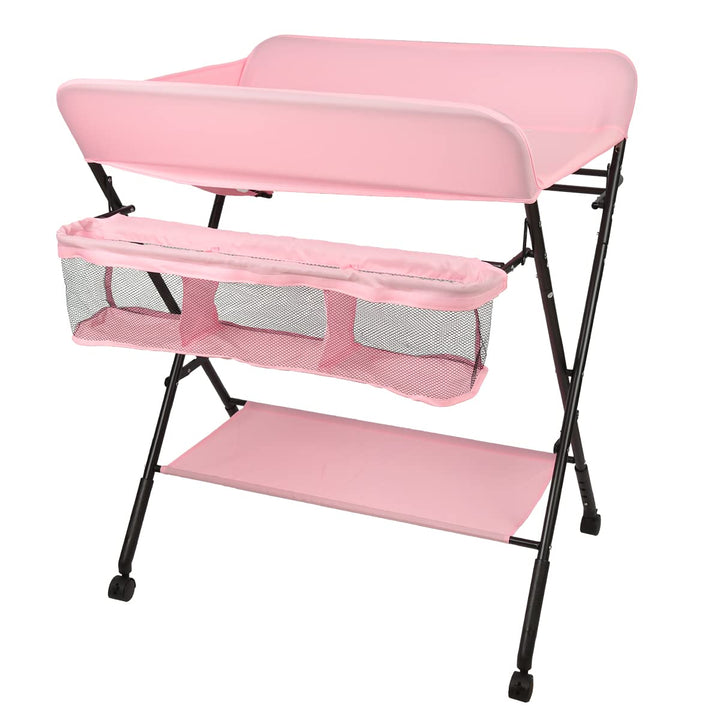 Baby Wickelkombi Klappbare Wickelkommode,Wickeltisch mit Rollen,Mobiler Wickeltisch mit Wickelauflag