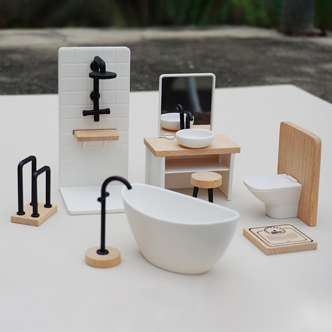 Sarini Puppenhaus Badezimmer Set Miniatur Simulation Modell Toilette Badewanne Holz Badezimmer Schra