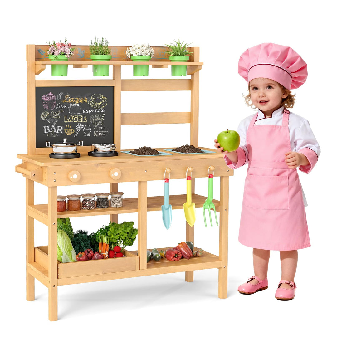 COSTWAY Matschküche Kinder Outdoor, Kinderküche mit Tafel, Wasserhahn, Spülen, Blumentöpfen & Garten