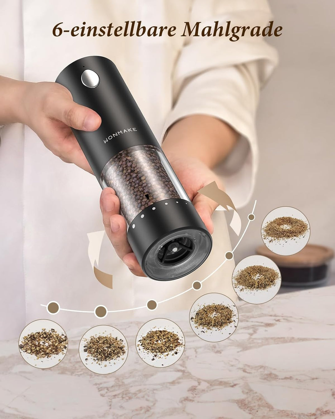 WONMAKE Salz und Pfeffermühle Elektrisch, Elektrische Gewürzmühle Set USB Wiederaufladbar Keramikmah