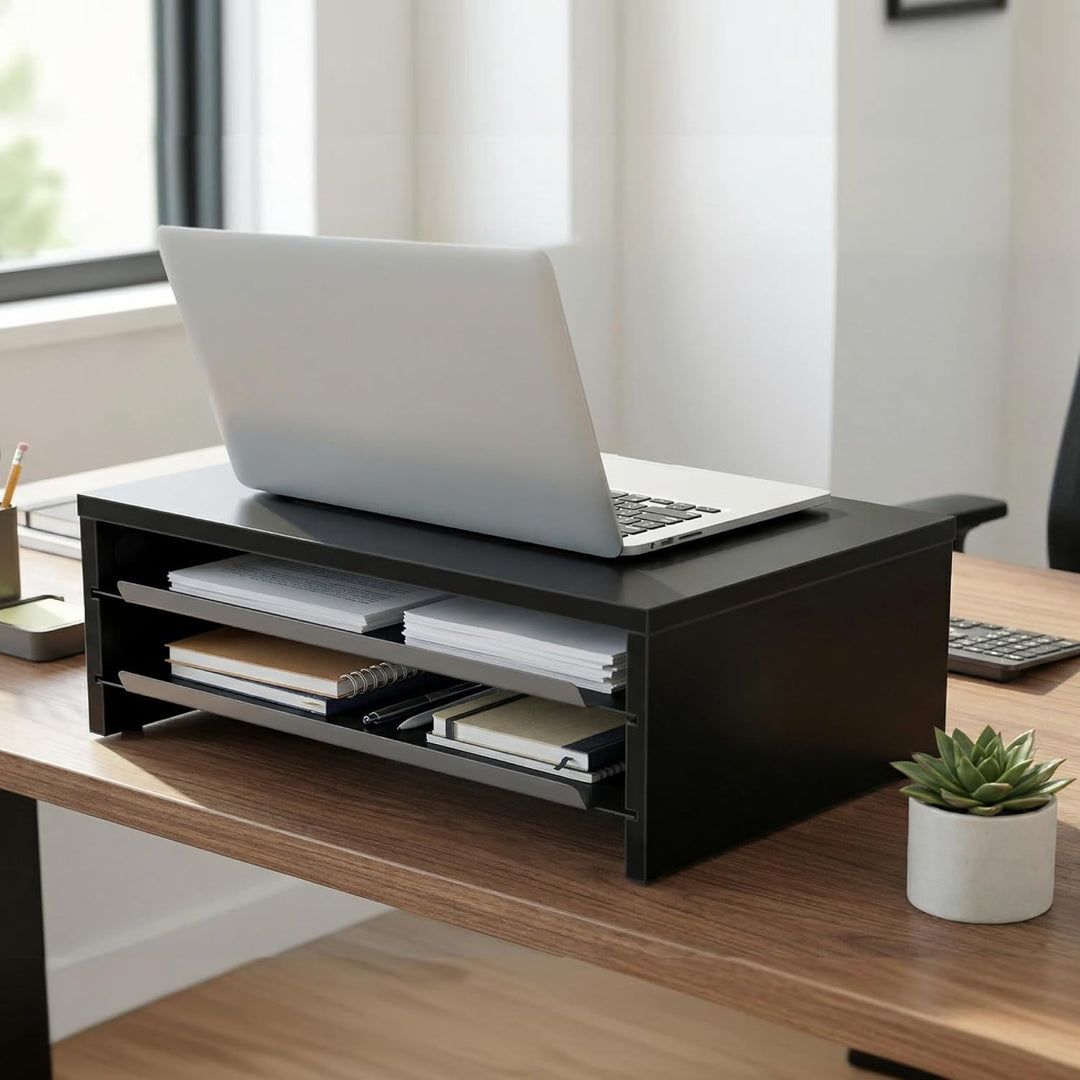 Fenge Monitorständer, Monitorerhöhung mit Ablage, Holz und Metall, Schreibtisch-Organizer für Zuhaus