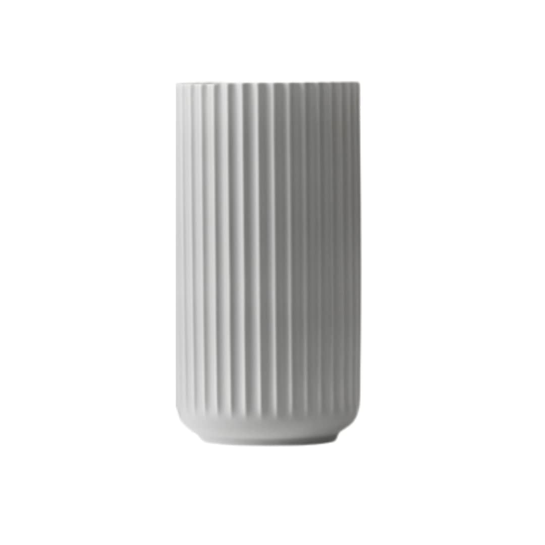 DANMARK LYNGBY Lyngbyvase aus Porzellan, hohe Vase mit Rillen, Zylinder Blumentopf in Hellgrau, 20.5