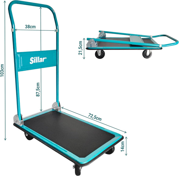 Sillar Plattformwagen, Klappbarer Transportwagen, Tragkraft bis 150 kg, Griff um 20 cm erhöht, PVC-B