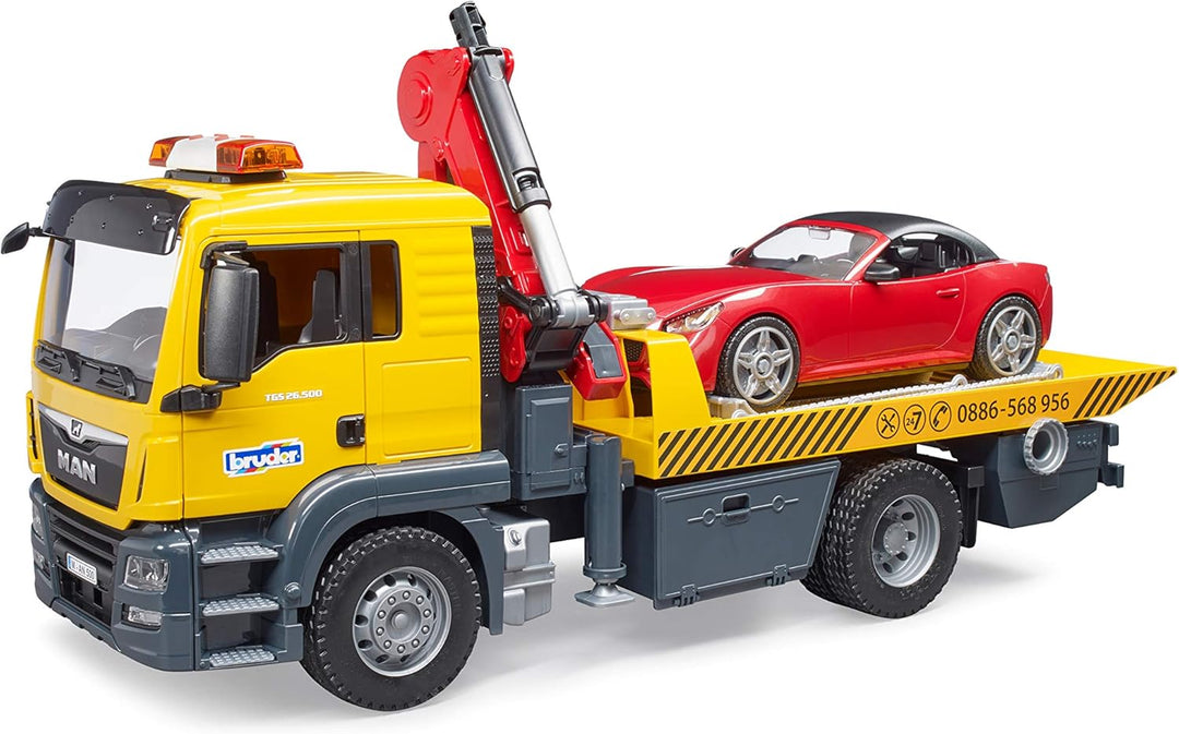 bruder 03750 - Man TGS Abschlepp-LKW mit Roadster, Light & Sound Modul - 1:16 Abschlepper Abschleppw
