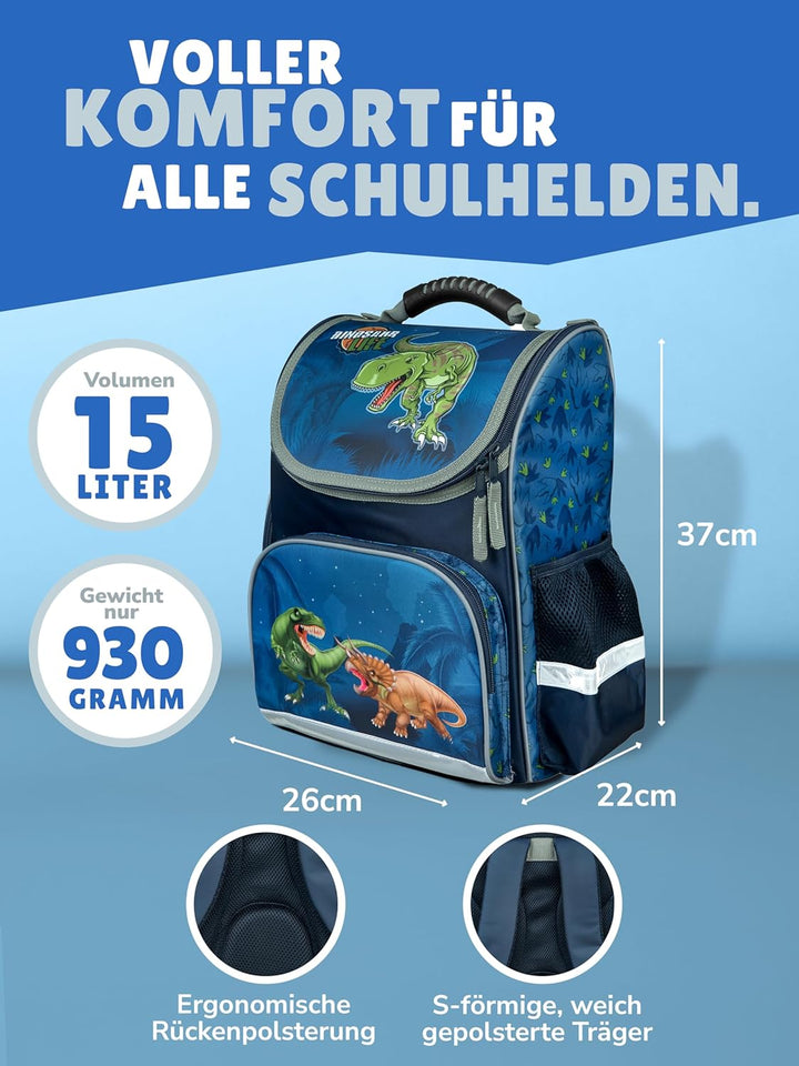 Familando - Schulranzen Set CLOU - 5-teilig mit Federmappe - Dinosaurier - Ergonomisch, Stabil & mit