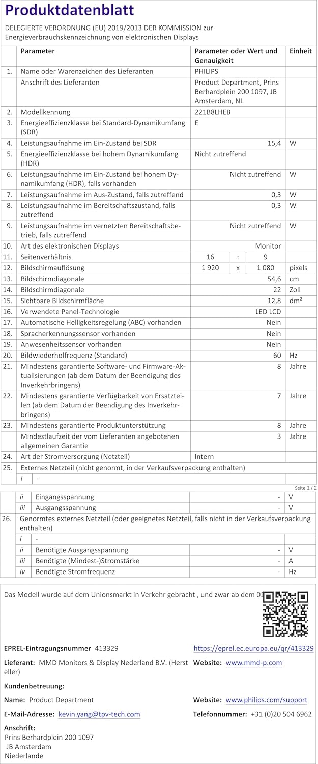 Philips B Line 221B8LHEB/00 54,6 cm (21,5 Zoll) LCD-Monitor (VGA, HDMI, TN Panel, 1920 x 1080 Pixel,