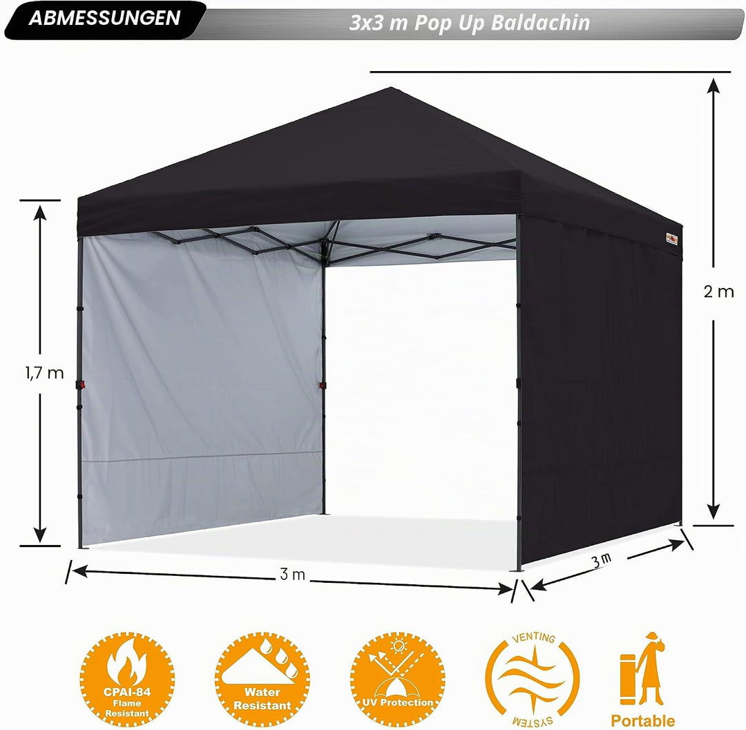 ABCCANOPY Faltpavillon UV50+ mit 2 Seitenwänden, Schwarz 300 cm | 500D Polyester,wasserdicht, 4 Sand