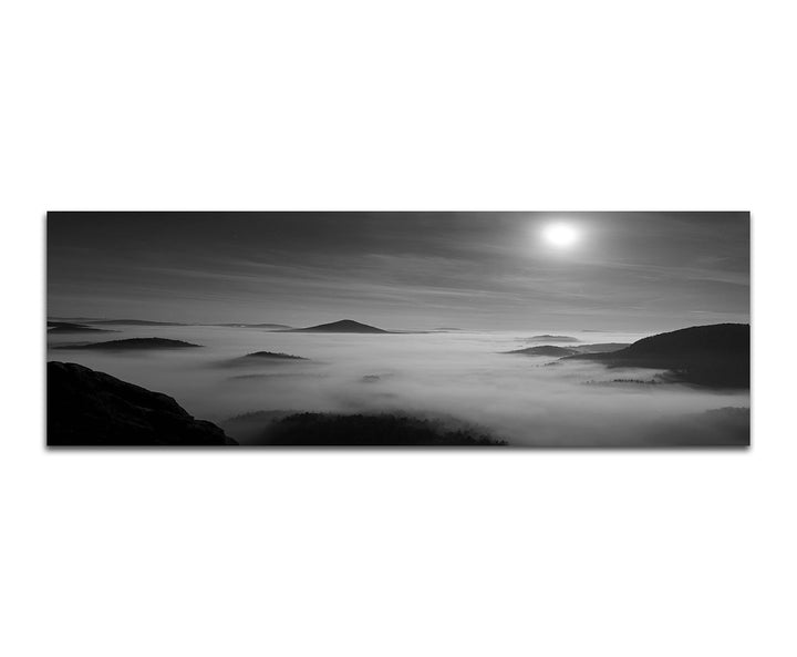 Paul Sinus Art Panoramabild auf Leinwand und Keilrahmen 150x50cm Berge Nebel Nacht Vollmond