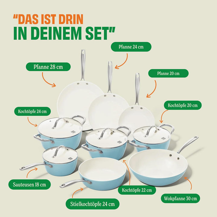 Cook & Pan - Go Blue Topfset und Pfannenset 9-teilig-Induktionsgeeignet-PFAS frei Keramik-Beschichtu