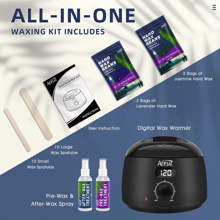 ANRUZ Waxing Set- Digital Wachswärmer Wachs Haarentfernung mit 500g Wachsperlen, ein Vor und Nachbeh