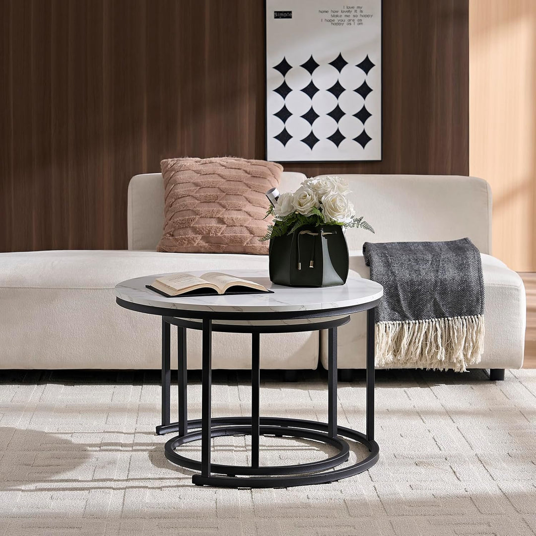 Home Heaven® Couchtisch rund Marmor 2er Set – Runder Couch Tisch in Weiss Marmor Optik mit Schwarze