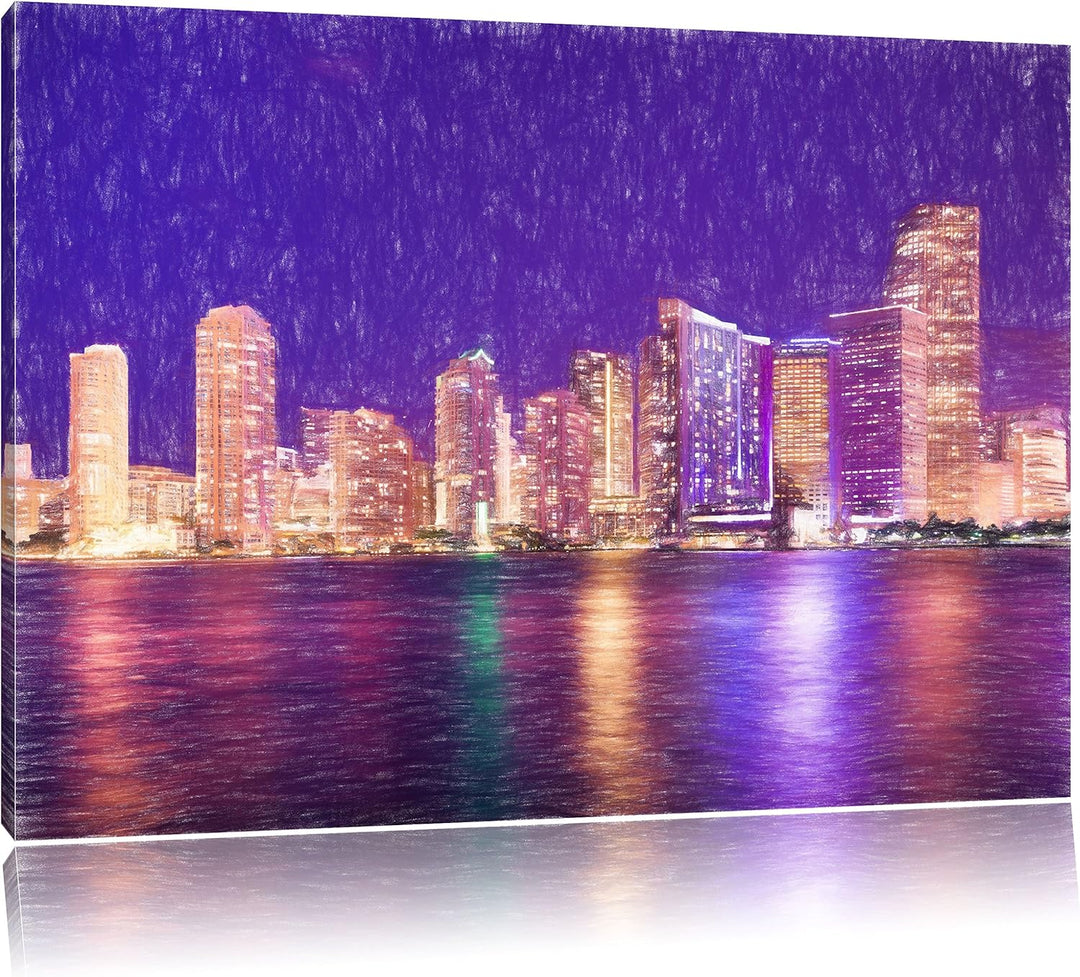 Pixxprint Skyline von Miami Florida als Leinwandbild/Grösse: 100x70 cm/Wandbild/Kunstdruck/fertig be