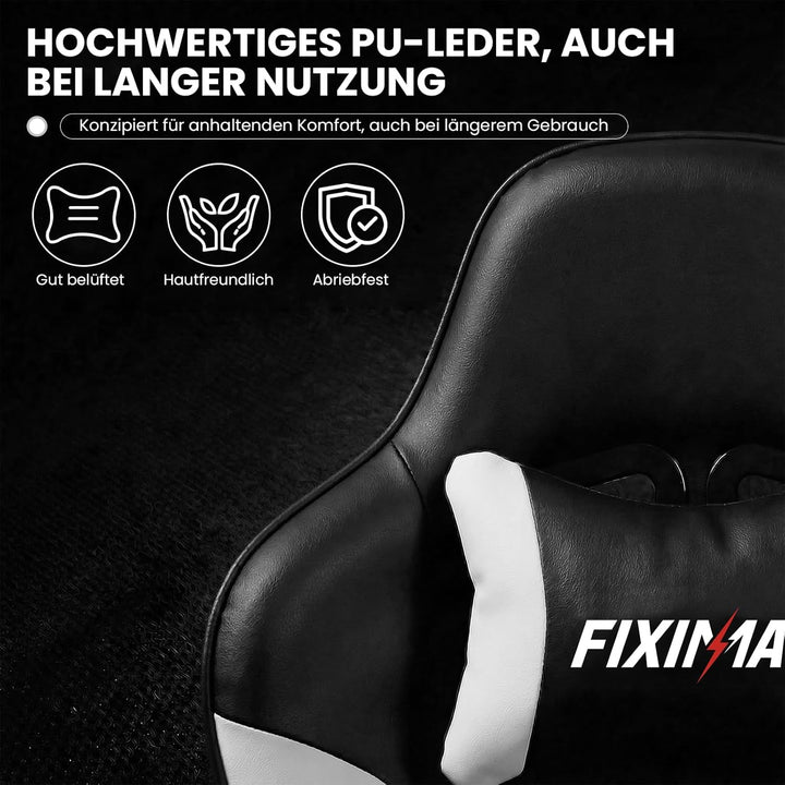 Bürostuhl Ergonomisch mit Fussstütze, Schreibtischstuhl, Racing-Design, Lenden- und Kopfstütze, PU-K