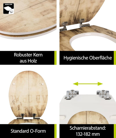 'aquaSu® WC-Sitz mit Absenkautomatik, Holz Dekor Wanted, High Gloss, Toilettensitz mit Holz-Kern, un