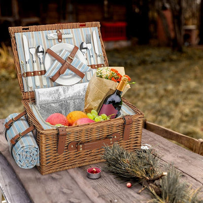 Picknickkorb Set für 2 Personen, Weidenkorb mit grossem isoliertem Kühlfach, wasserdichter Decke und