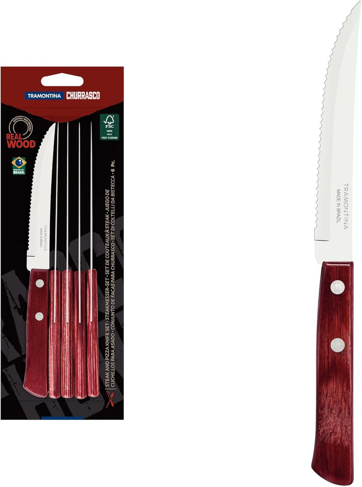 Tramontina Steakmesser, Pizzamesser, Set 6-teilig, 6 Steakmessern aus Edelstahl, Holzgriff rot FSC E