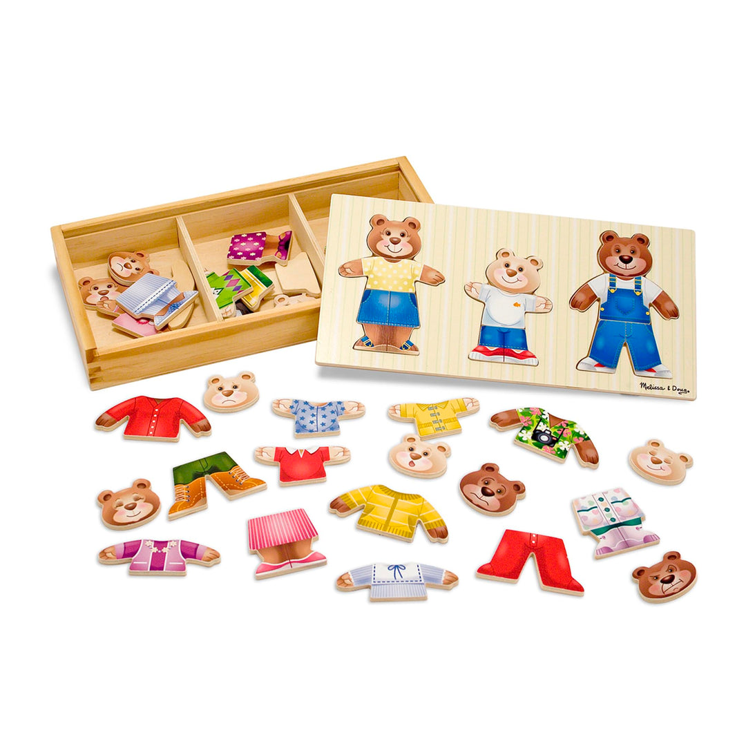 Melissa & Doug Mix 'n Match Holzpuzzle zum Ankleiden einer Bärenfamilie mit Aufbewahrungsbehälter (4