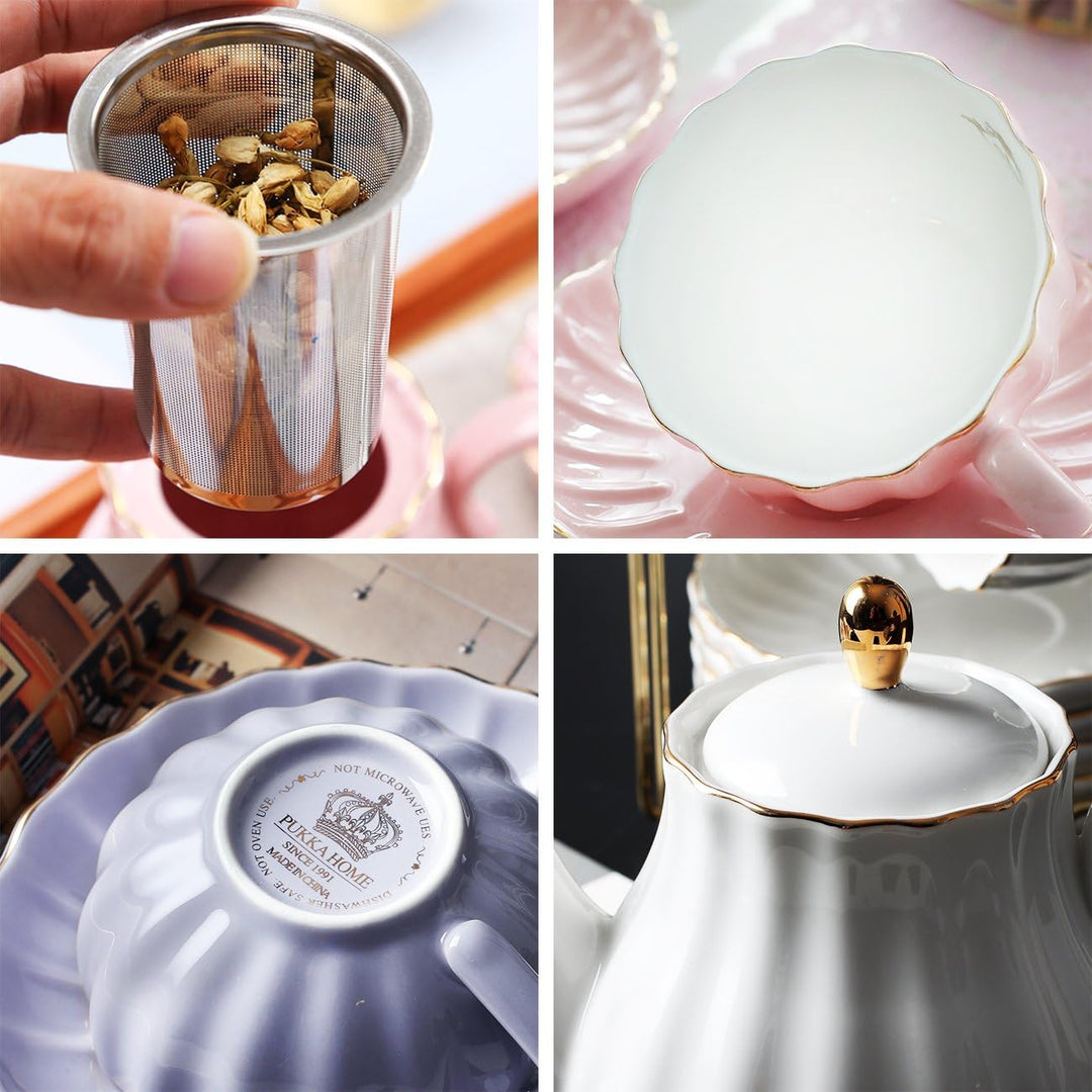 Sweejar Home 22 Stück Europäischen Stil Teeservice, Teetasse und Untertasse Set, Keramik Kaffeeset,