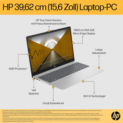 HP Laptop, 15,6" FHD Display, AMD Ryzen 5 7520U, 16 GB DDR5 RAM, 512 GB SSD, AMD Radeon-Grafik, Wind