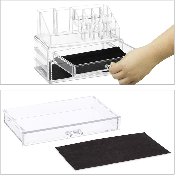 Relaxdays Make-Up Organizer mit 2 Schubladen, Kit für Lippenstift, Nagellack, Kosmetikregal Acryl, t