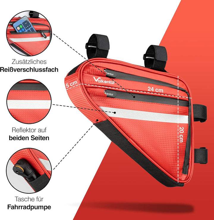 Valkental - Wasserfeste Rahmentasche mit viel Platz - 1,5L Volumen - Fahrradtasche mit Reflektoren u