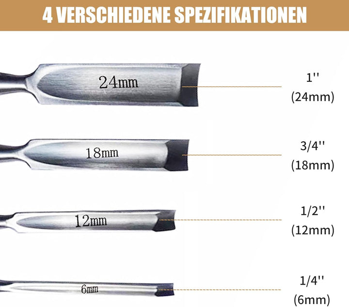4 Stück Holz Meissel Set, Stechbeitel Rund Gebogen Hohlbeitel Werkzeuge Set, CR-V Stahl halbkreisför
