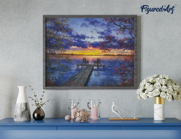 Figured'Art Malen Nach Zahlen Erwachsene Mit Rahmen Eine Abenddämmerung am Flusssteg - Paint by Numb